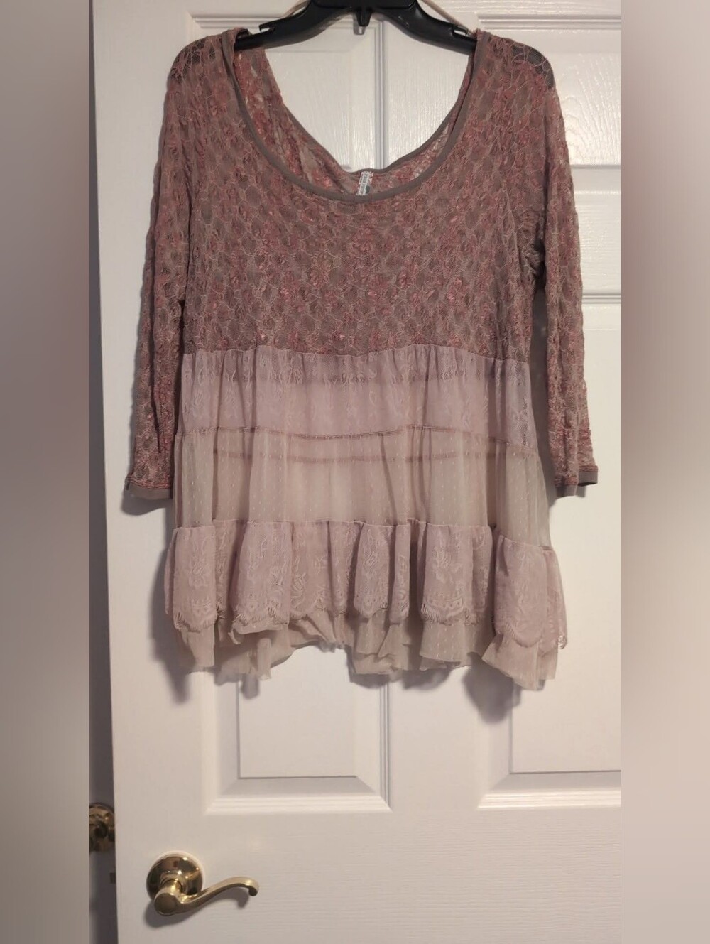 Free People Pink Lace Tiered Babydoll 3/4 Sleeve Tunic Blouse